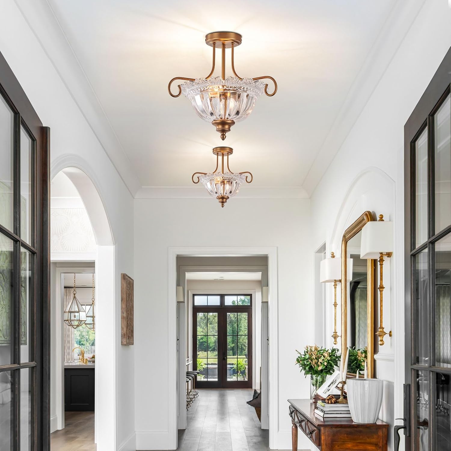 2-bulb flush mount light brass ceiling light glass, metal kitchen light