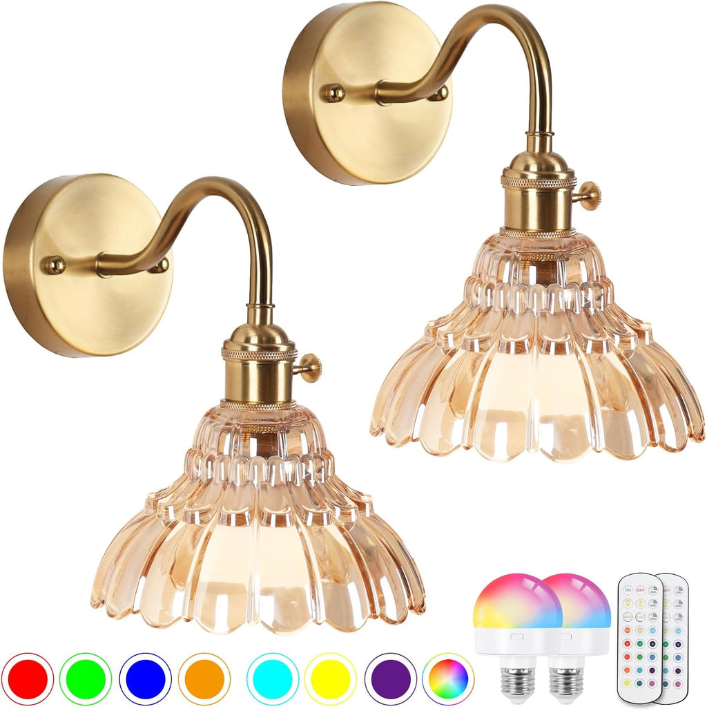 Set of two fixtures light gold bedroom light glass, metal wall light