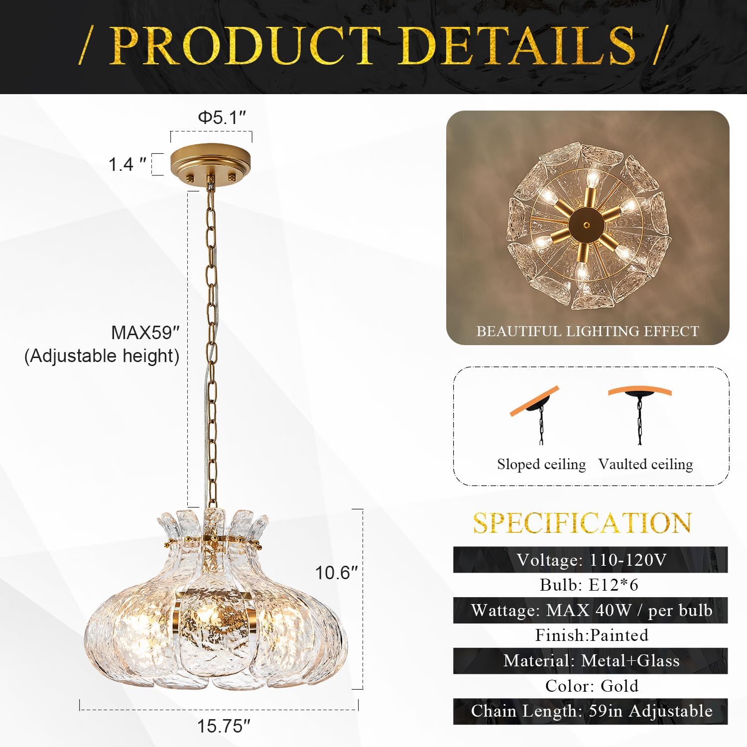 6-light hanging light gold hallway light glass, metal entryway light