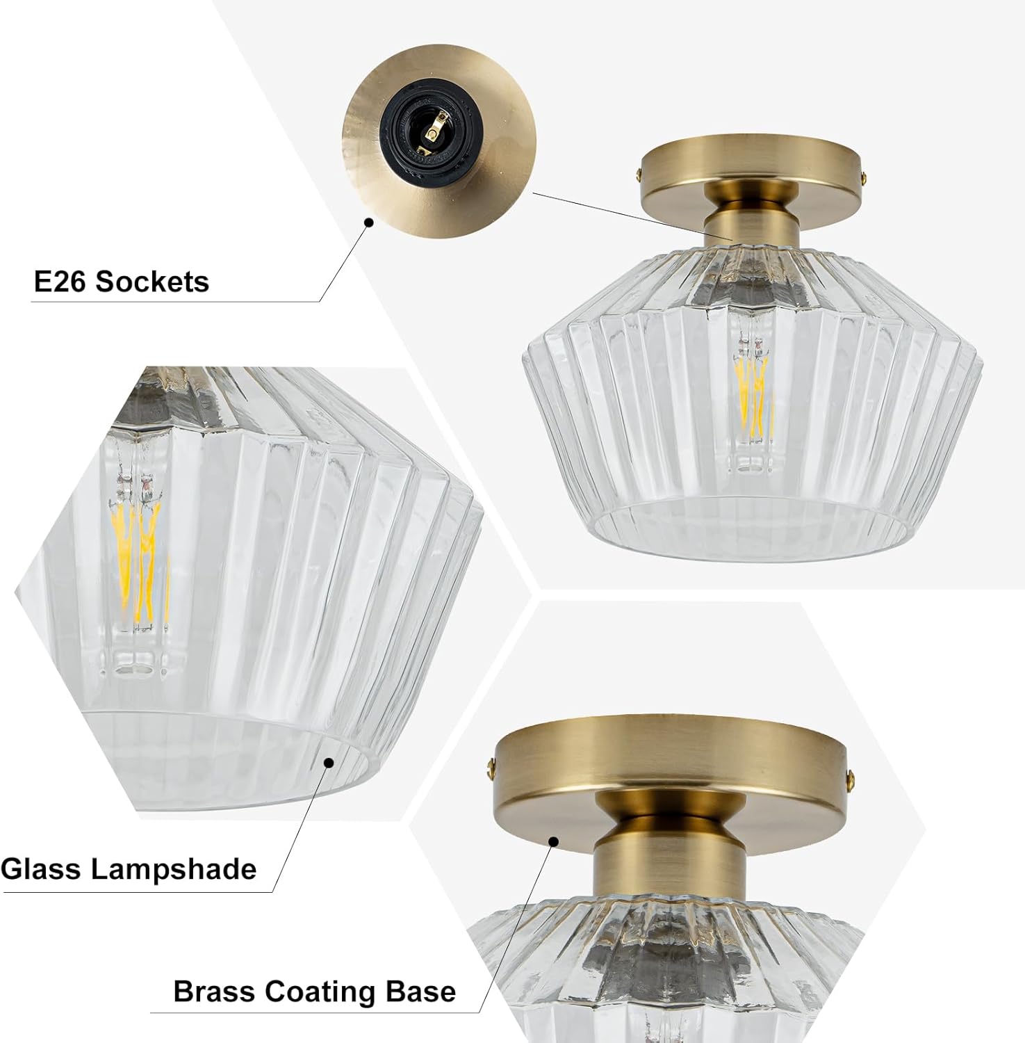 Led ceiling light brass+clear fixture light glass, metal hallway light