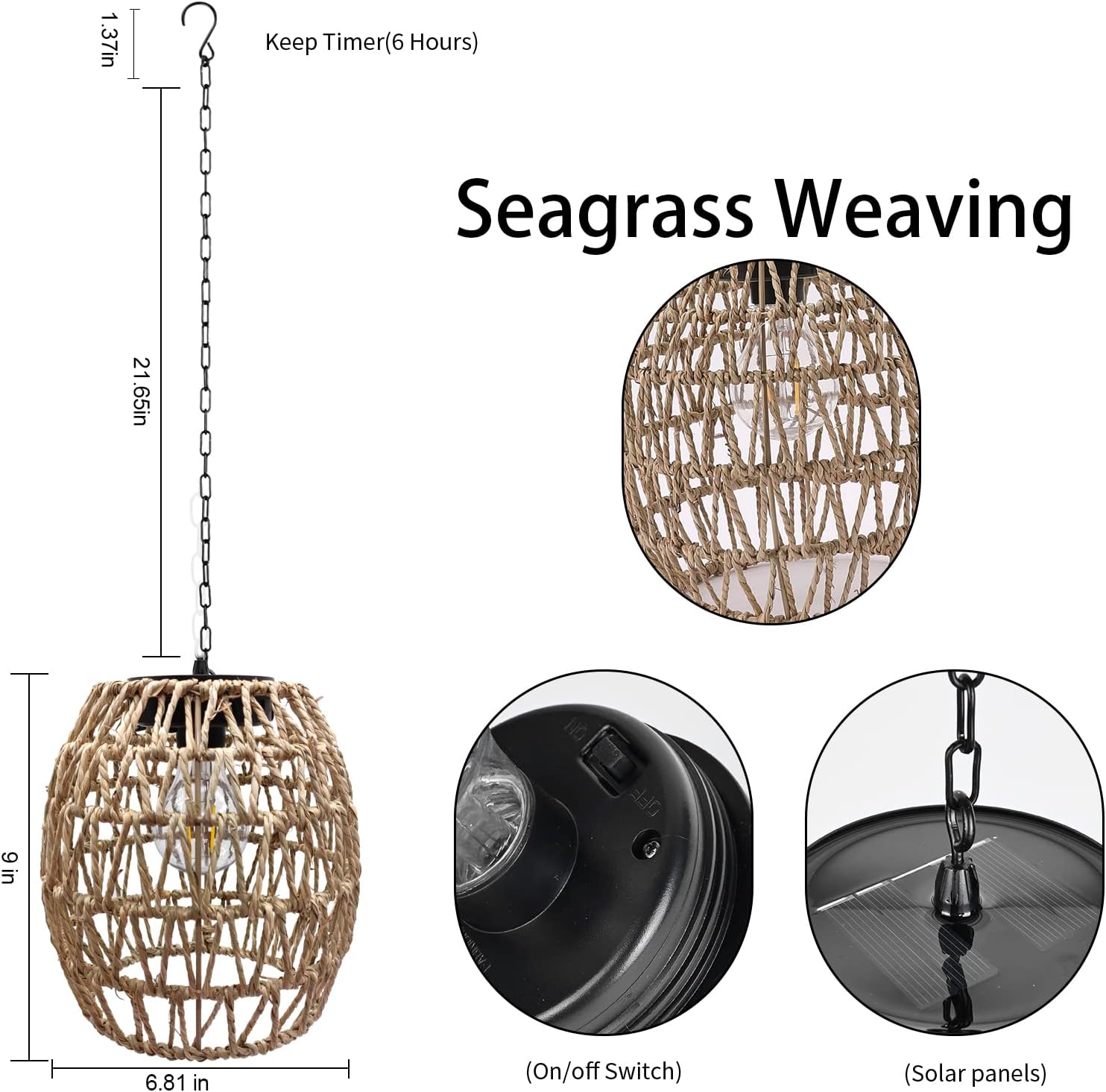 Twine hooks hanging lamp brown, beige solar light rattan, bamboo porch light