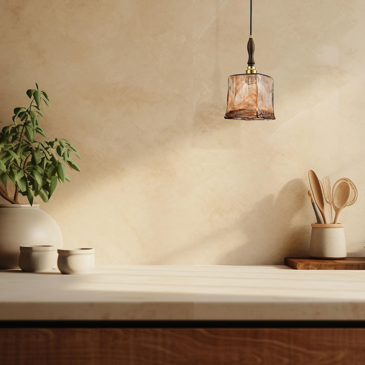 Rectangular pendant light golden amber hanging light glass metal fixture light