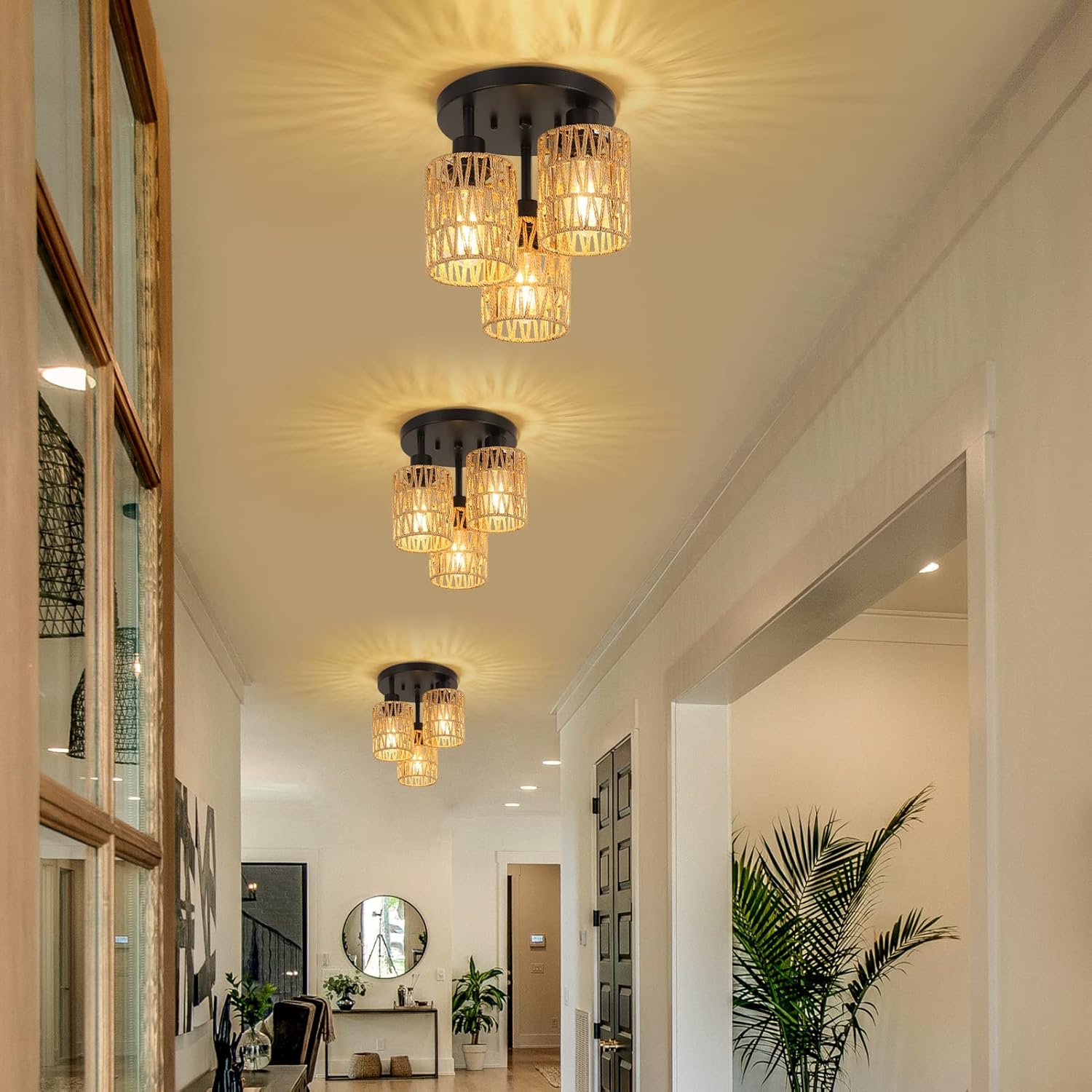 3-lights ceiling light black kitchen light rattan, metal flush mount light