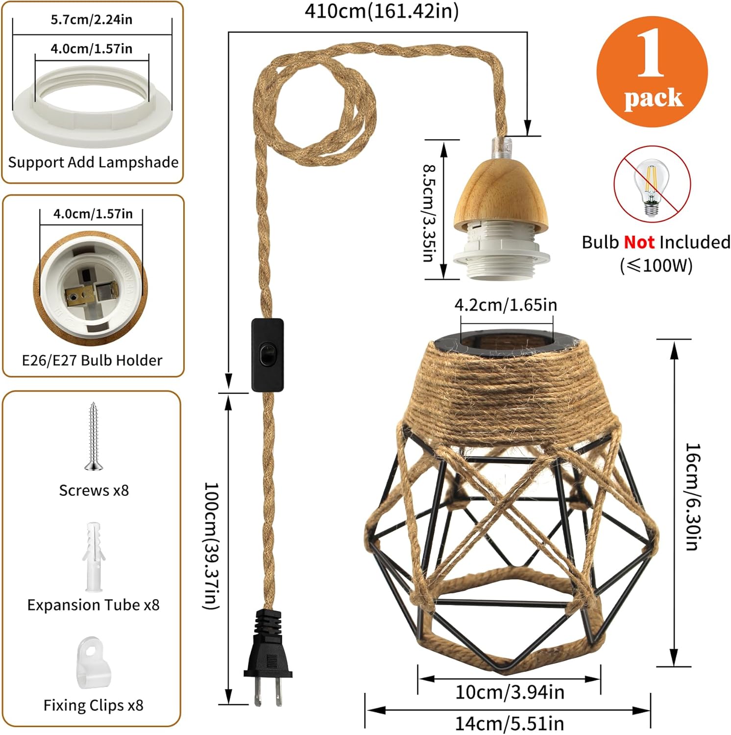 Rustic bedroom light black pendant light wood & hemp rope cable hanging light