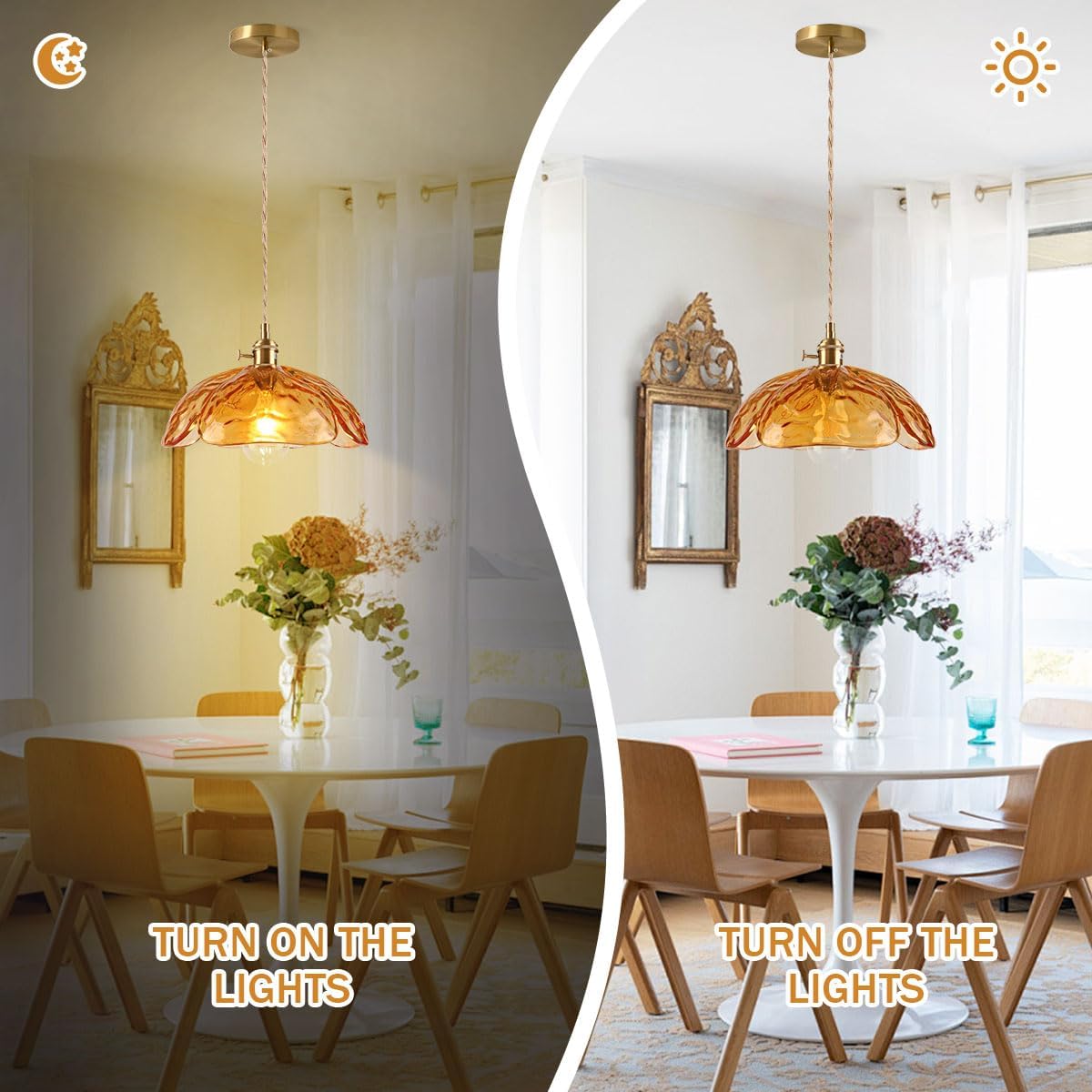 Adjustable hanging light amber pendant light brass, glass kitchen light
