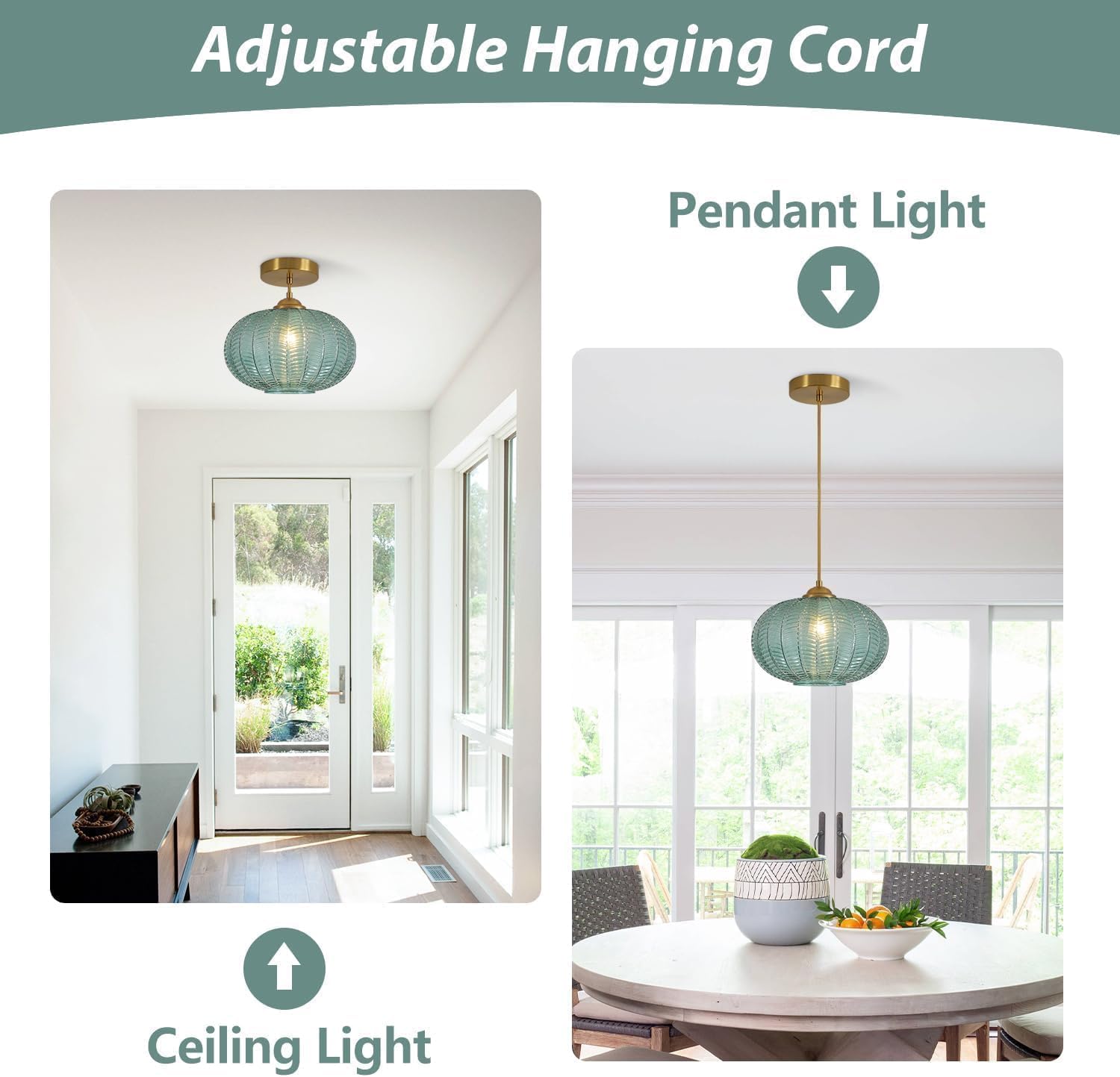 Mid century modern chandelier light green pendant light glass, metal hanging light