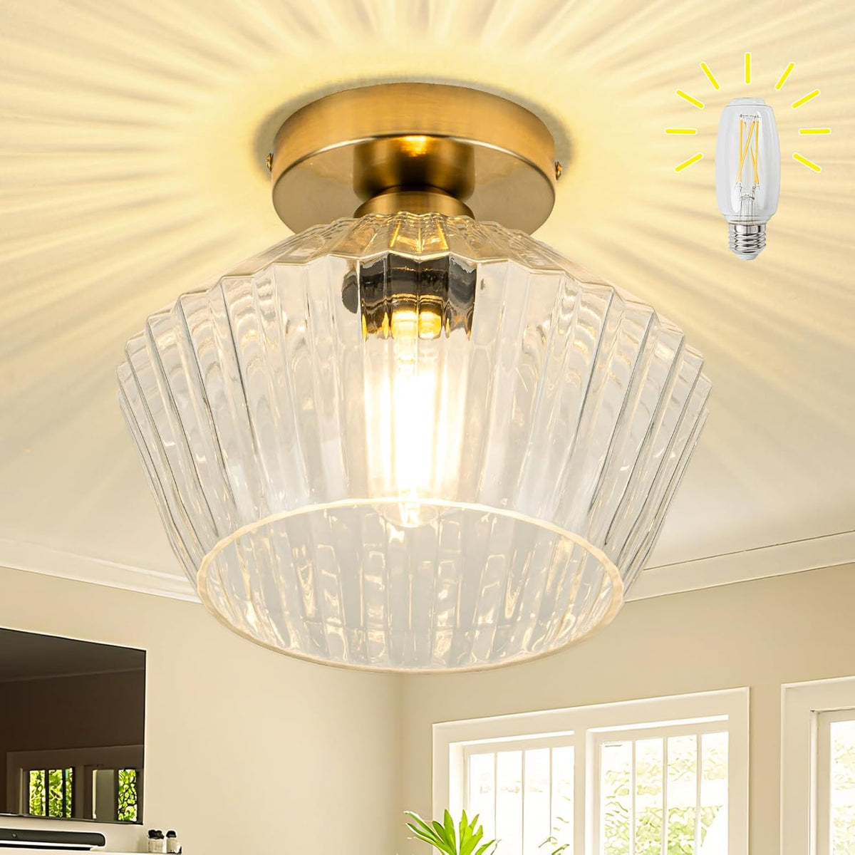 Led ceiling light brass+clear fixture light glass, metal hallway light ...