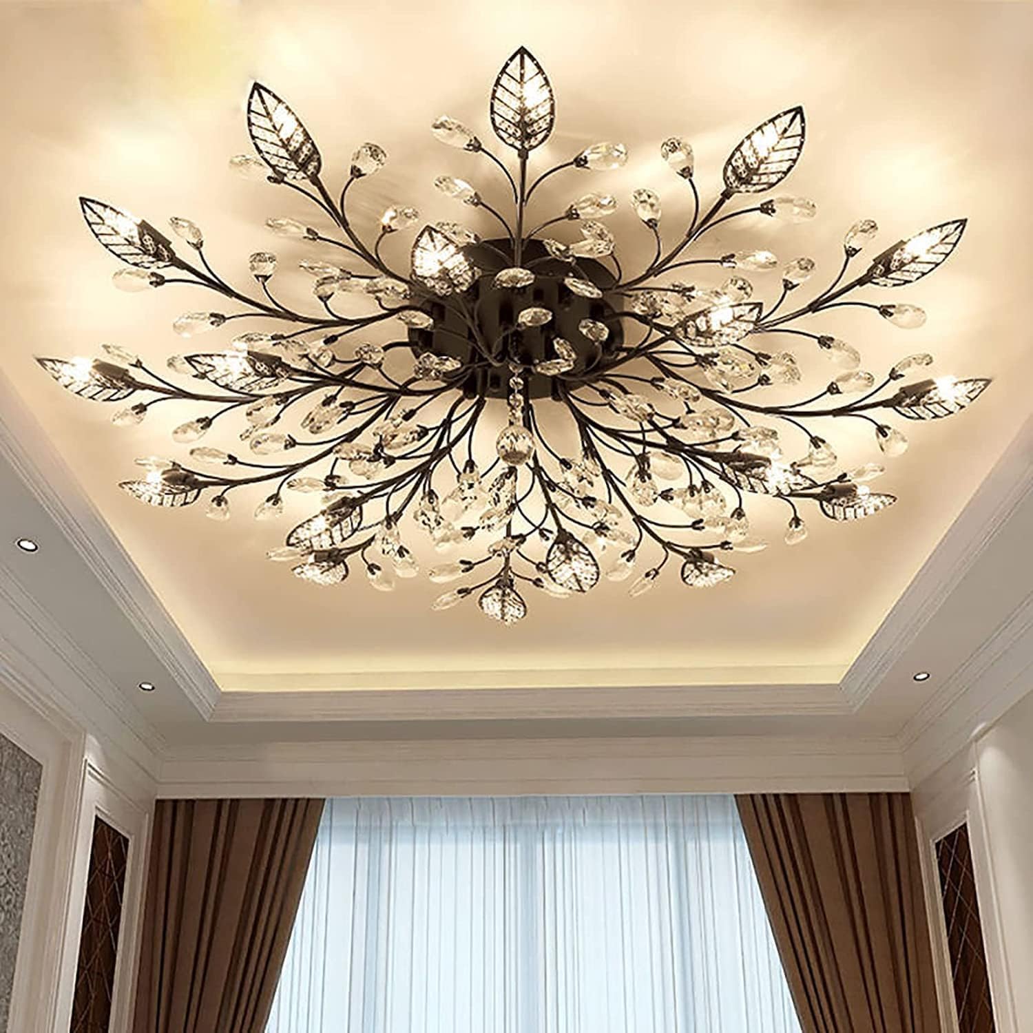15-lights modern ceiling light black chandeliers light crystal+metal leaf ceiling light