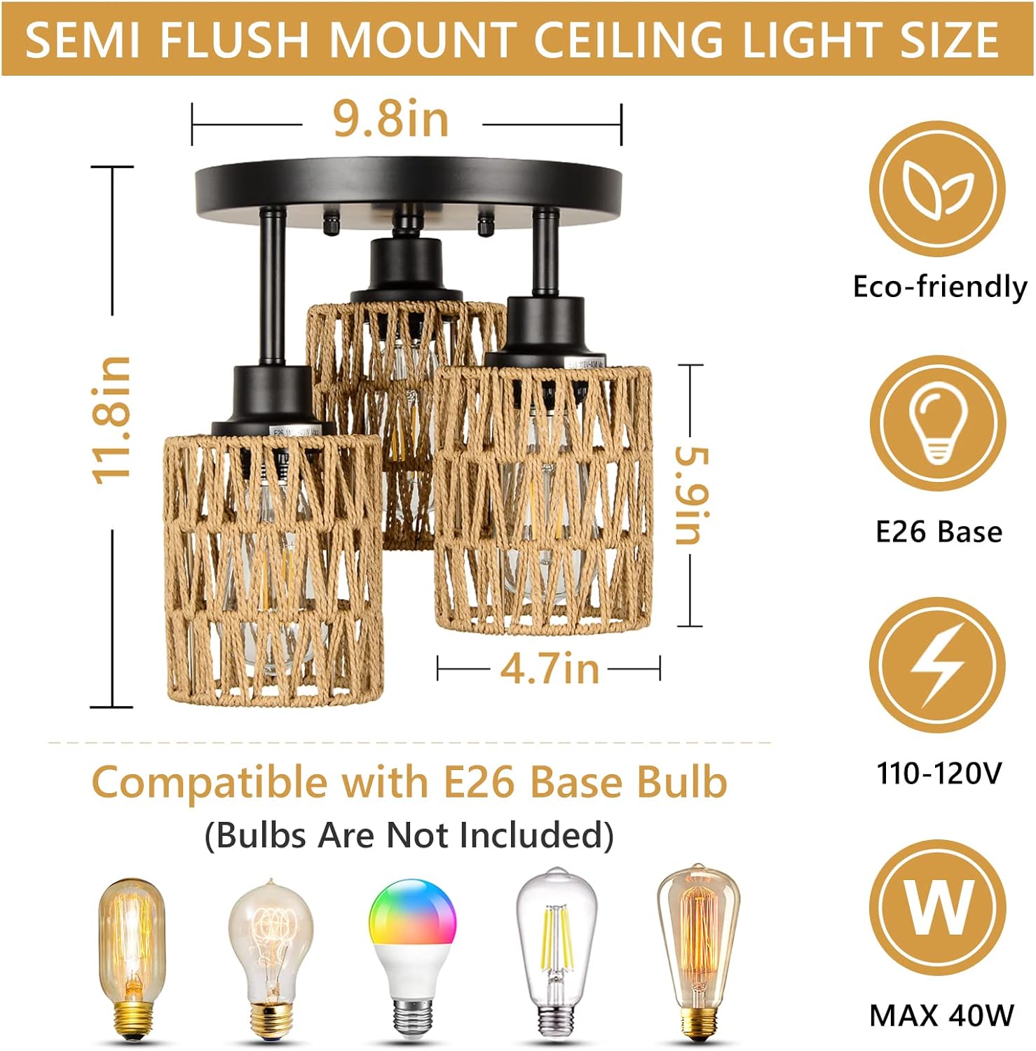 3-lights ceiling light black kitchen light rattan, metal flush mount light