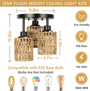 3-lights ceiling light black kitchen light rattan, metal flush mount light