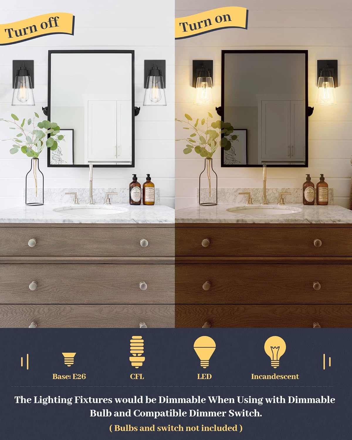 1-light vanity light black bathroom light glass, metal wall light