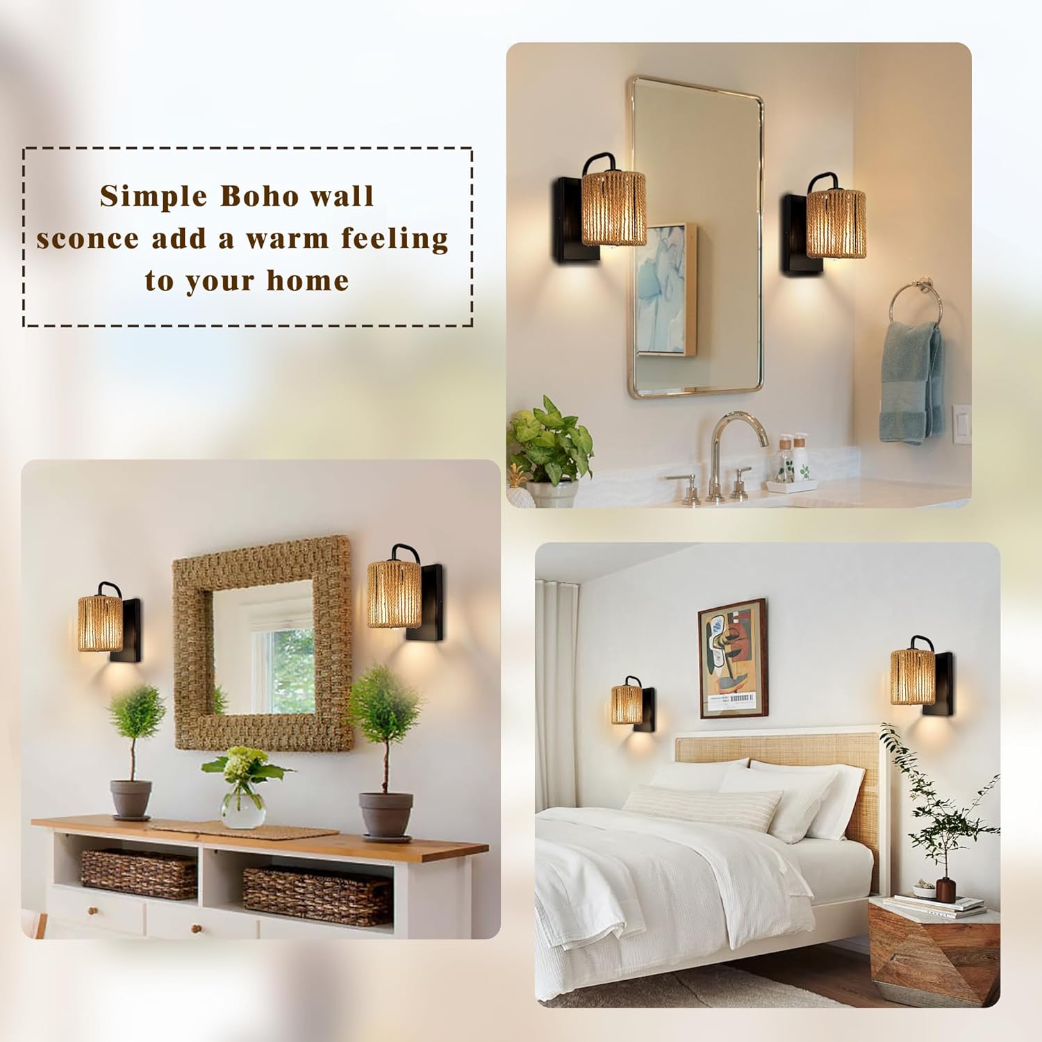 Bohemian bathroom light rattan wall light hemp rope,metal fixtures light