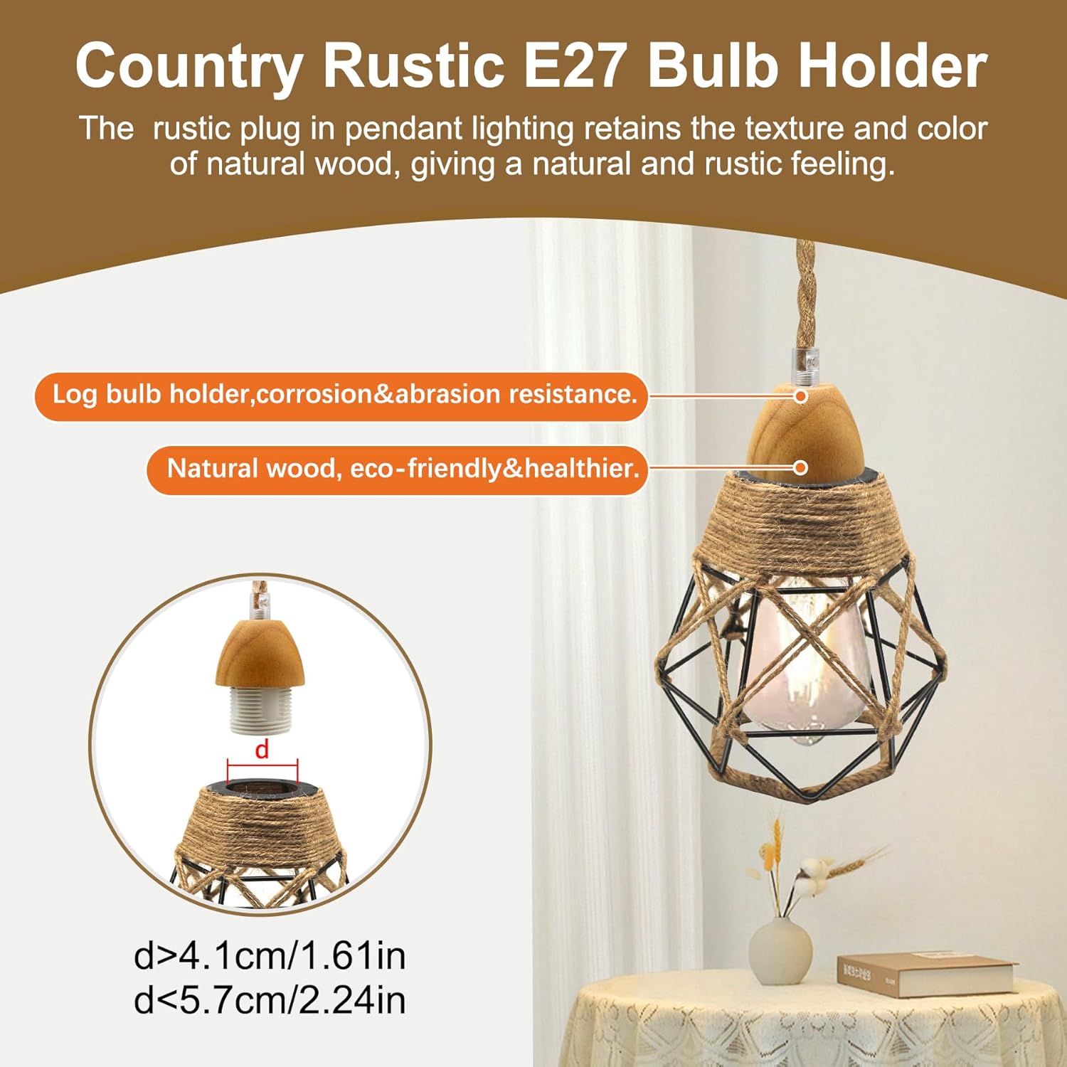 Rustic bedroom light black pendant light wood & hemp rope cable hanging light