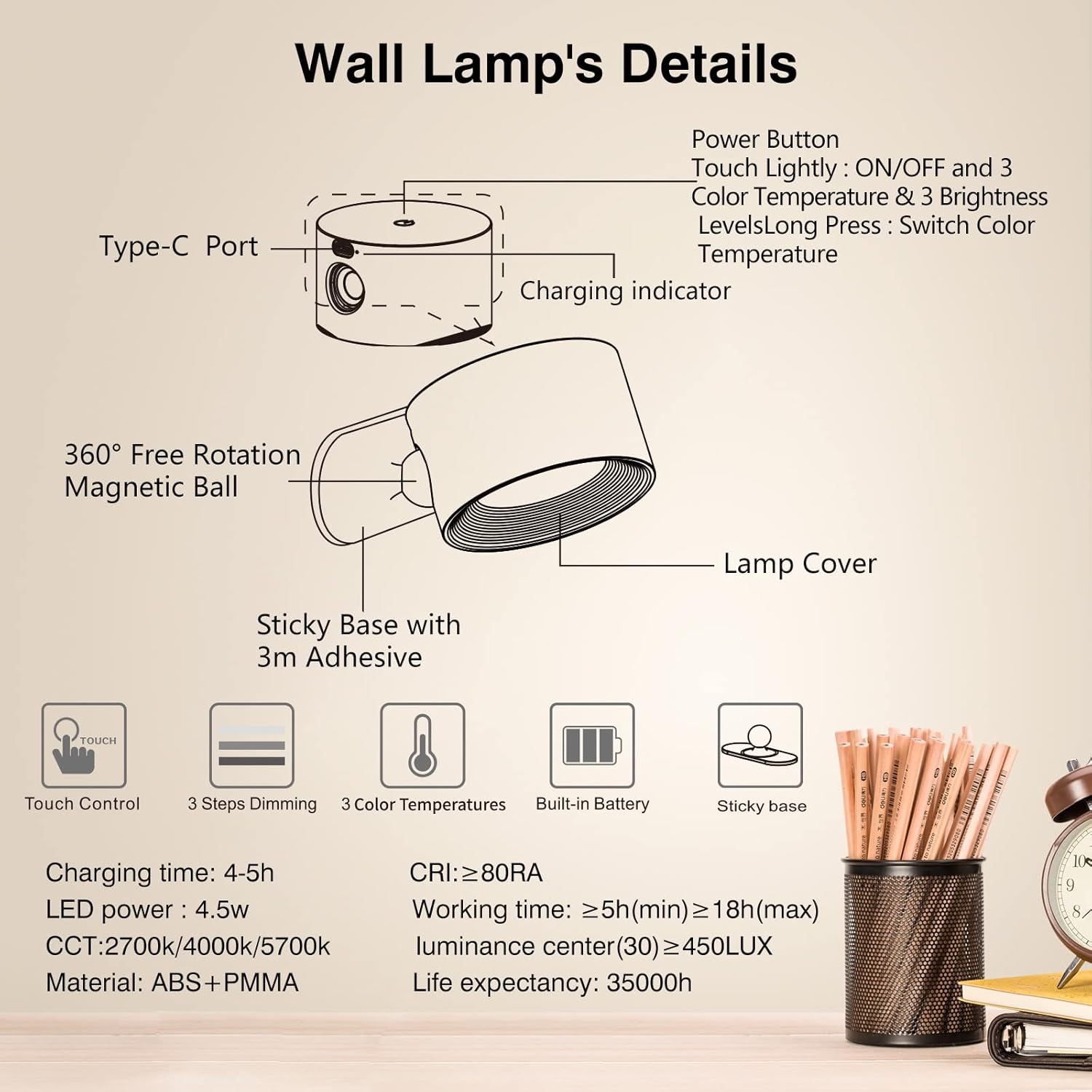 3 brightness cordless light wood reading light natural wall light
