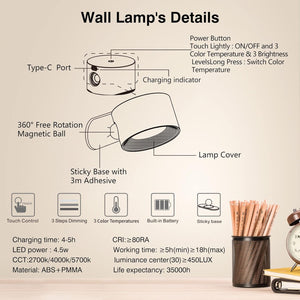 3 brightness cordless light wood reading light natural wall light
