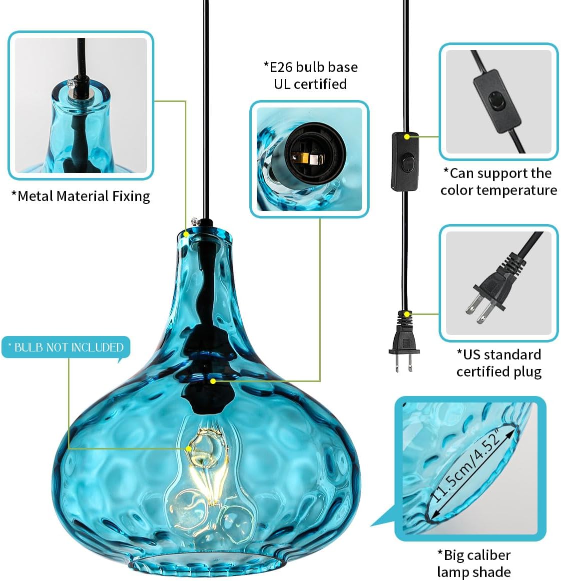 14.7 ft cord pendant light blue hanging light glass,metal bedroom light