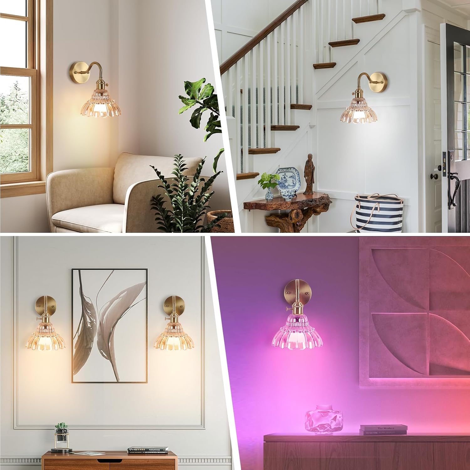 Set of two fixtures light gold bedroom light glass, metal wall light