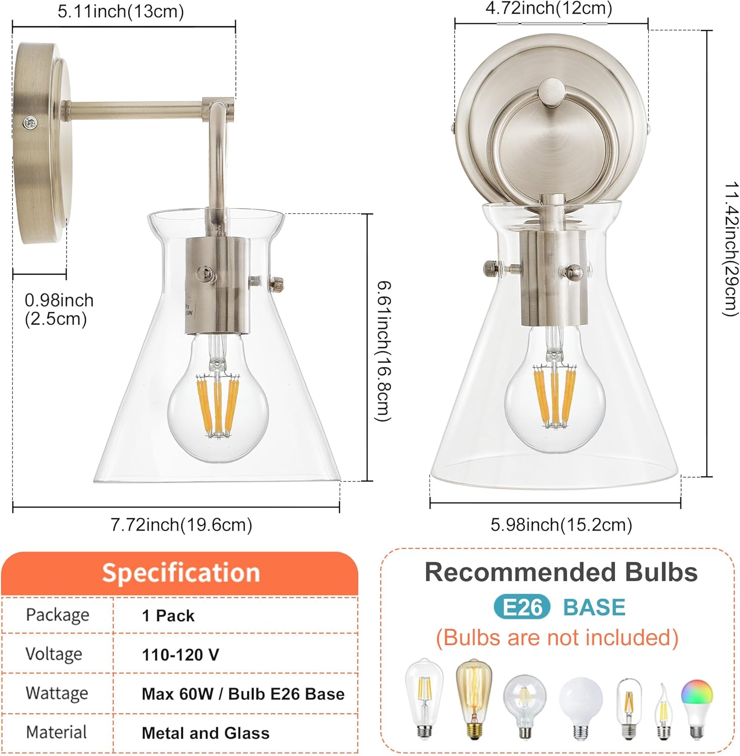 1 pack vanity light nickel wall light glass,metal kitchen light