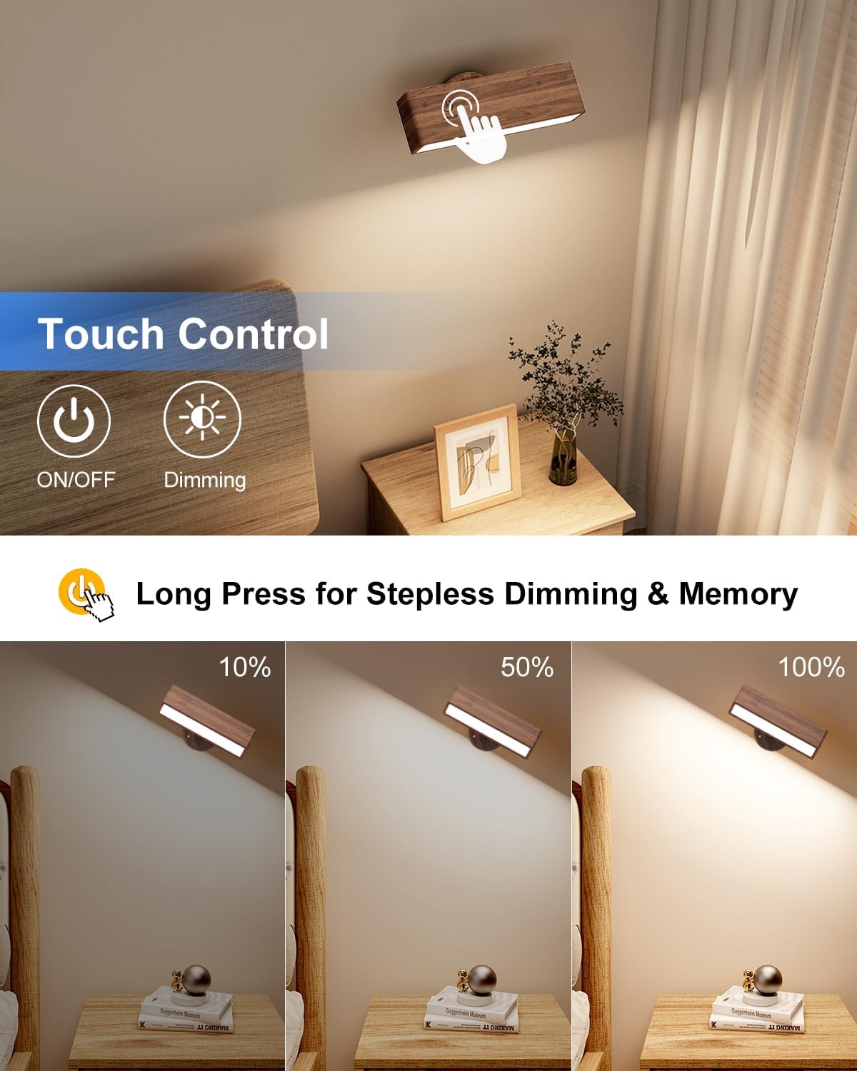 Set of 2 wireless light black walnut wall light wood, aluminum entryway light