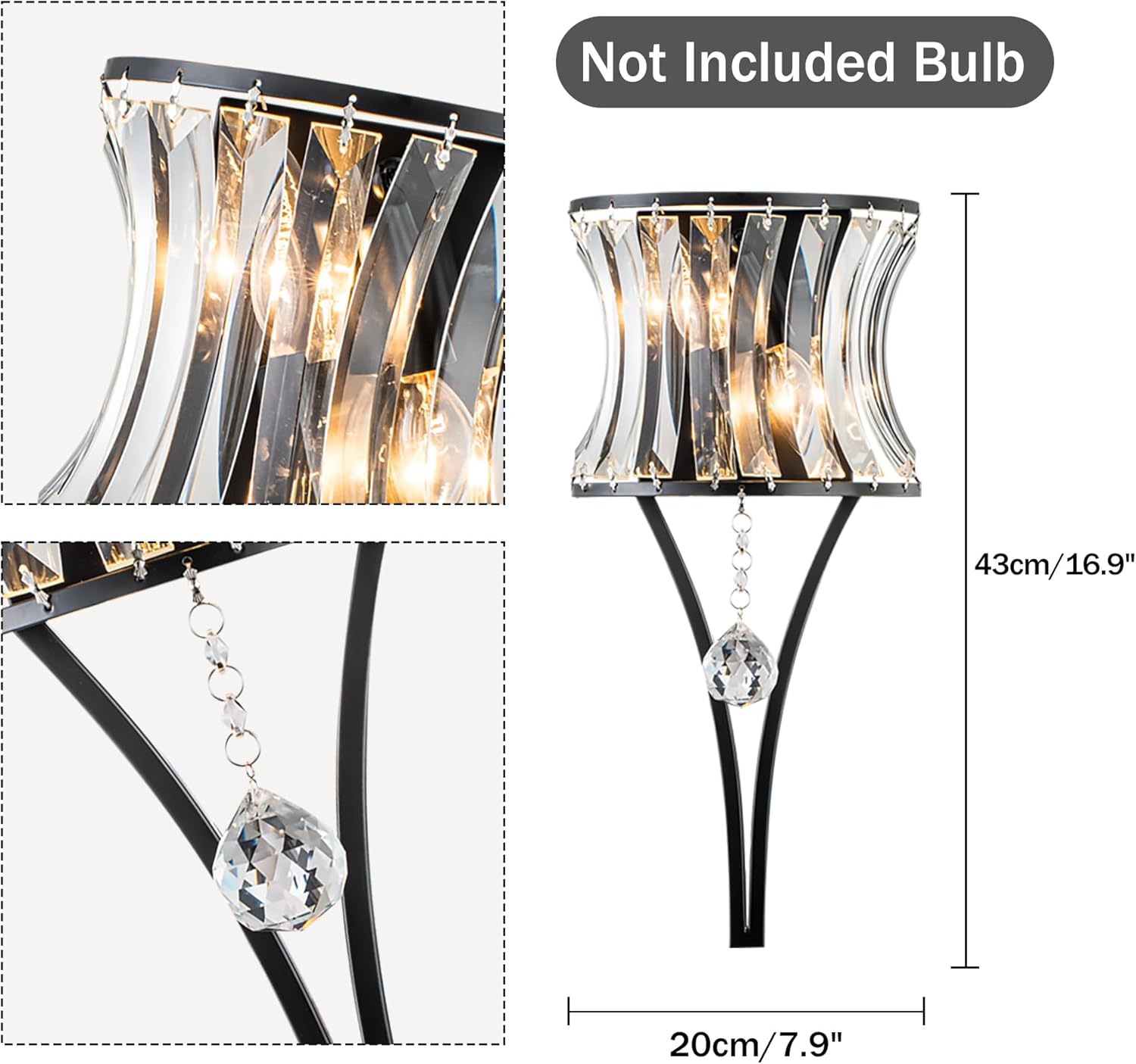 2 Light mount light black wall light metal, crystal bedroom light