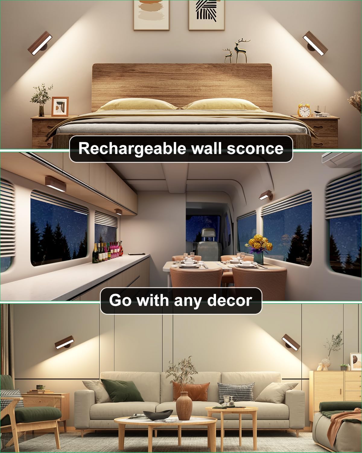 Set of 2 wireless light black walnut wall light wood, aluminum entryway light