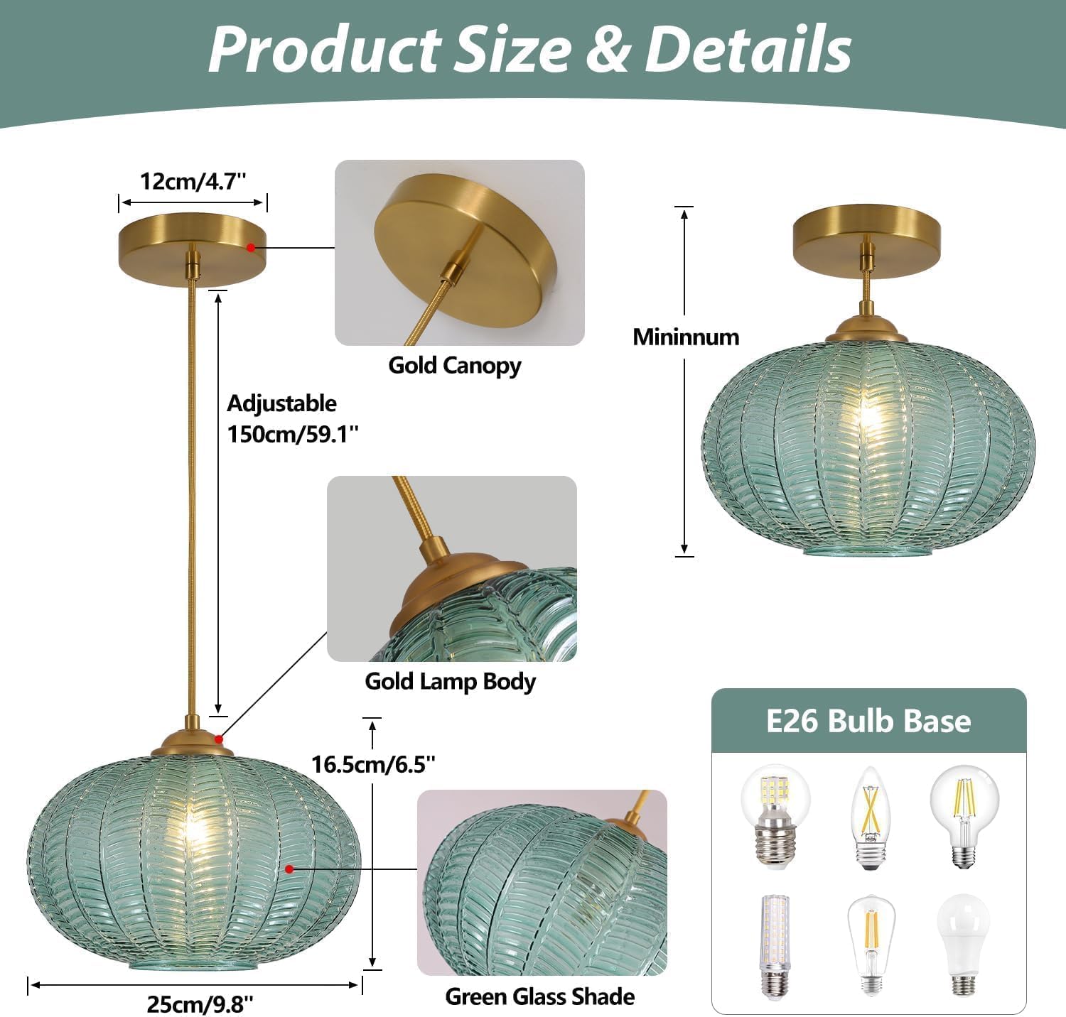 Mid century modern chandelier light green pendant light glass, metal hanging light