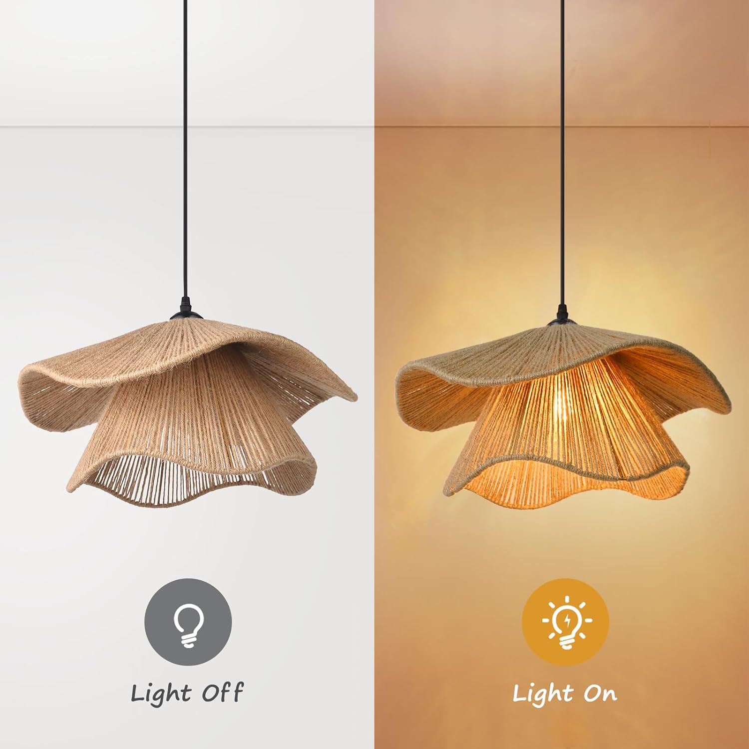 Rustic pendant light dark brown chandelier lamp jute rope hanging light