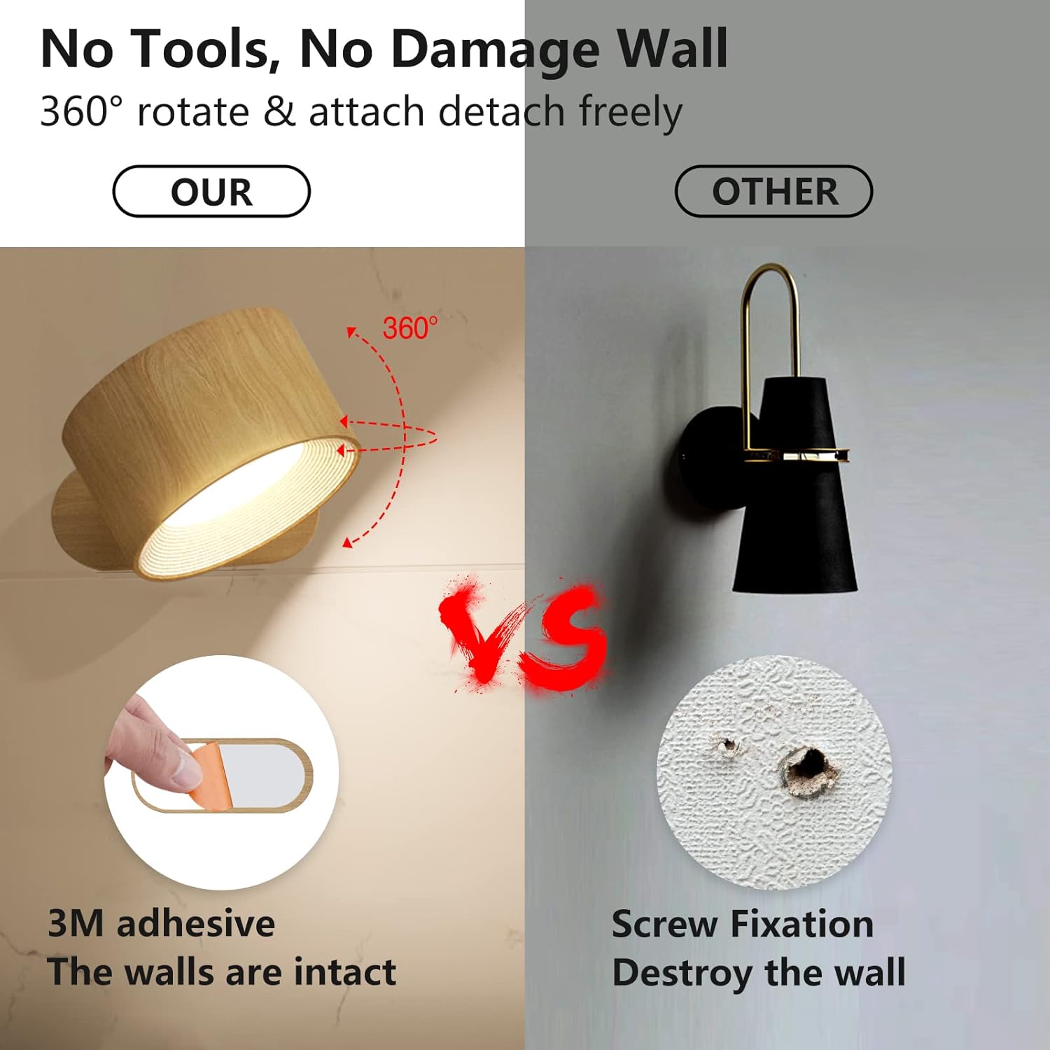 3 brightness cordless light wood reading light natural wall light
