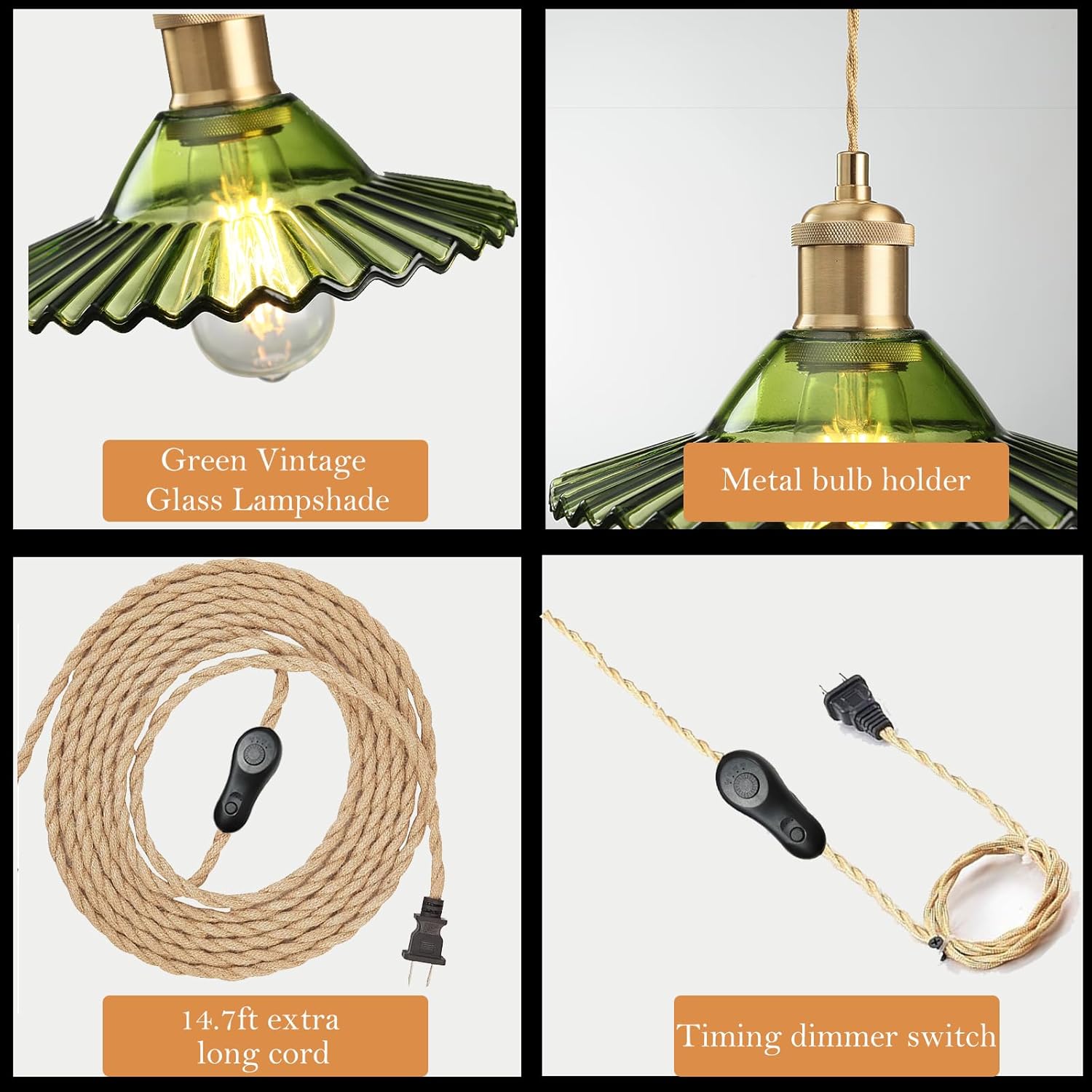 14.76ft long cord dinning room light green plug-in light glass pendant light