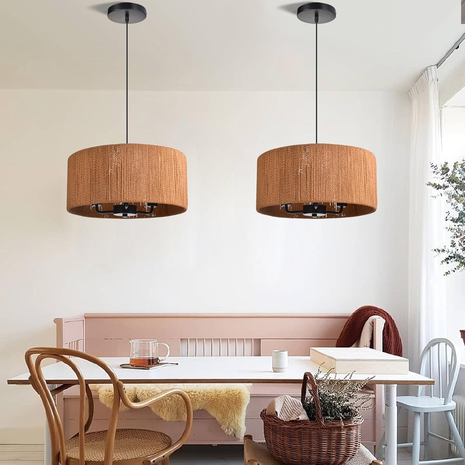 3-light chandelier light dark brown hanging lamp rattan kitchen light