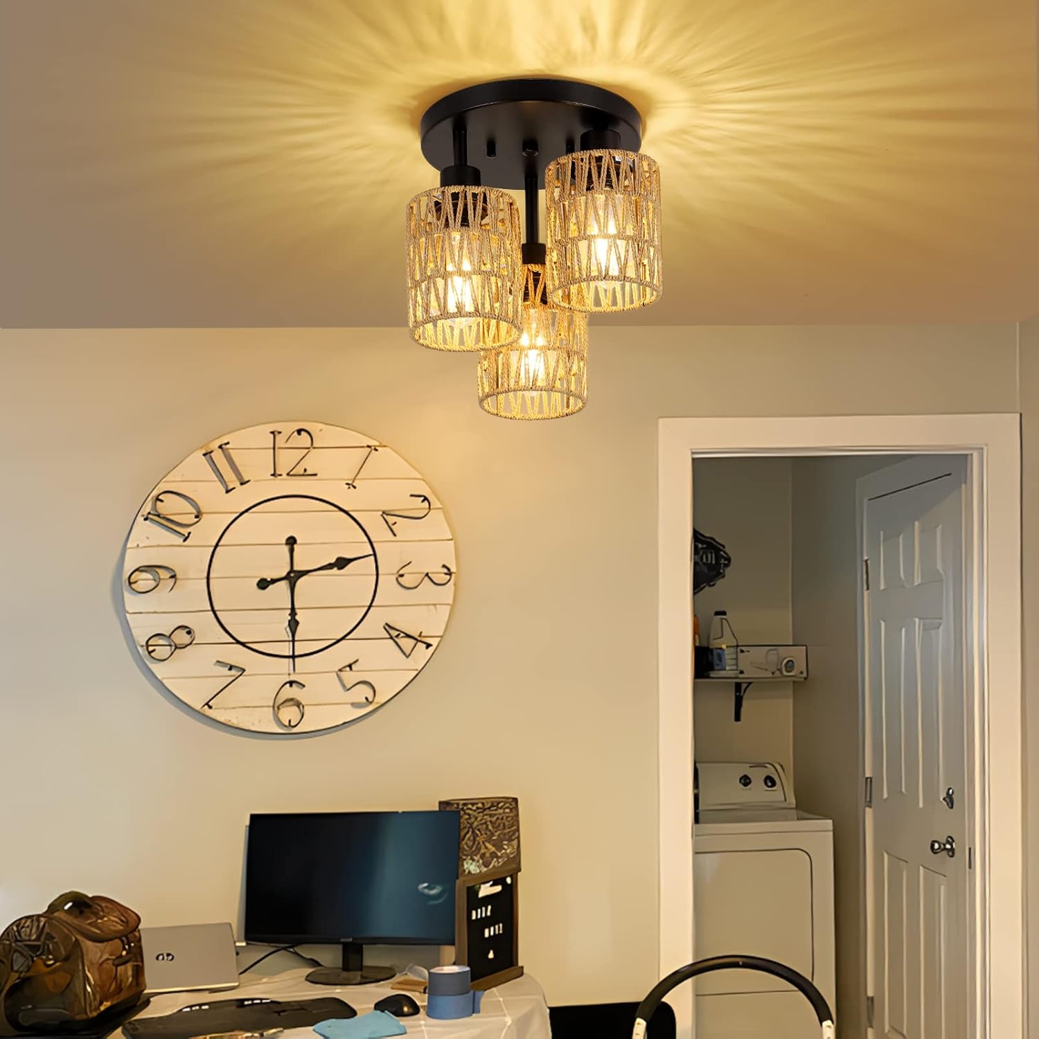 3-lights ceiling light black kitchen light rattan, metal flush mount light