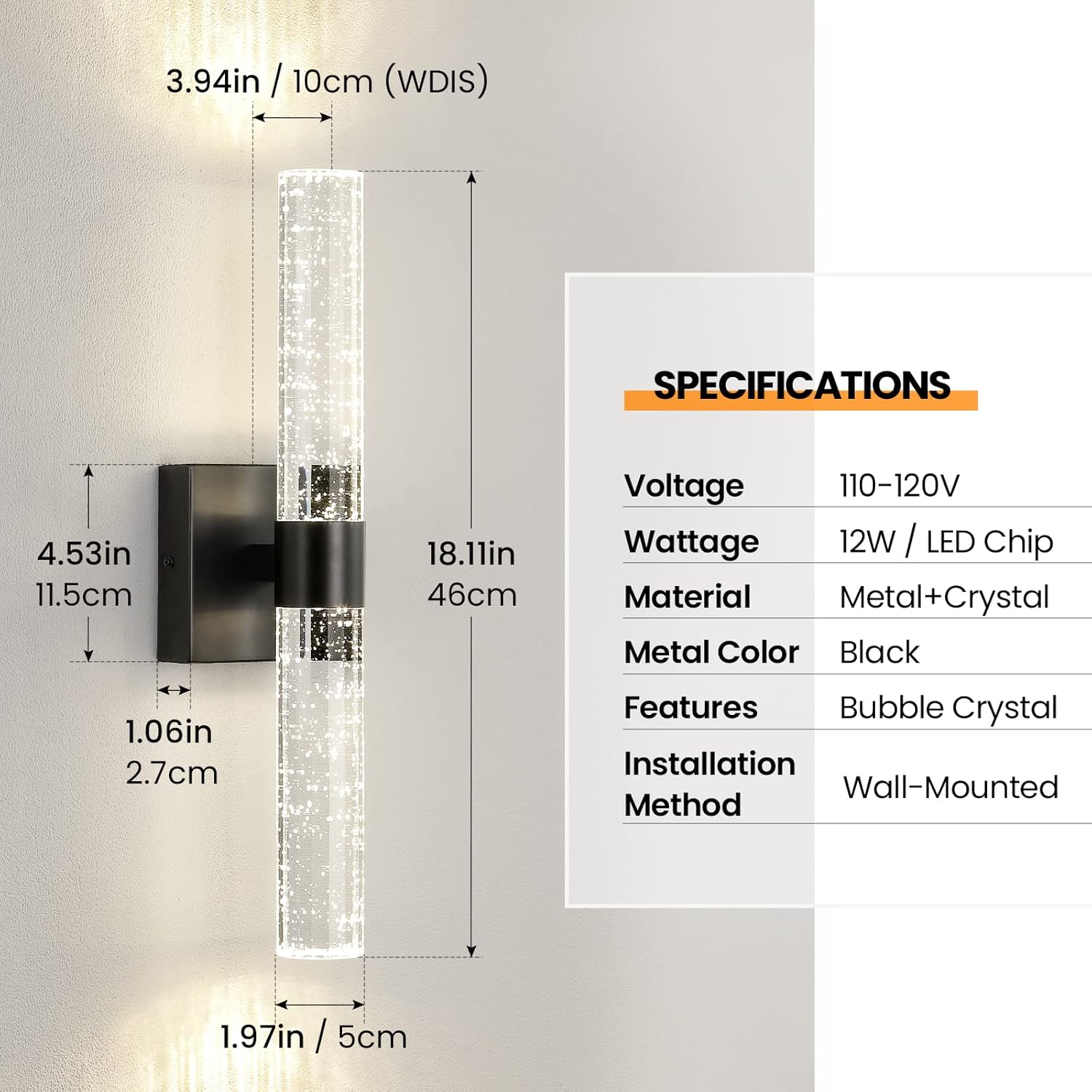 Led vanity light black wall light metal, crystal kitchen light