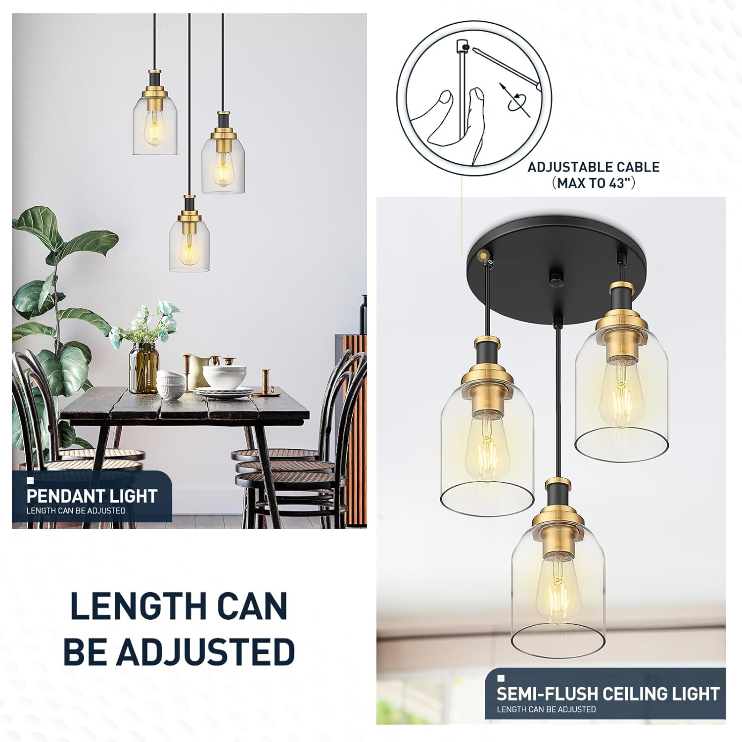3-light pendant light black & gold hanging lamp glass, metal corridor light