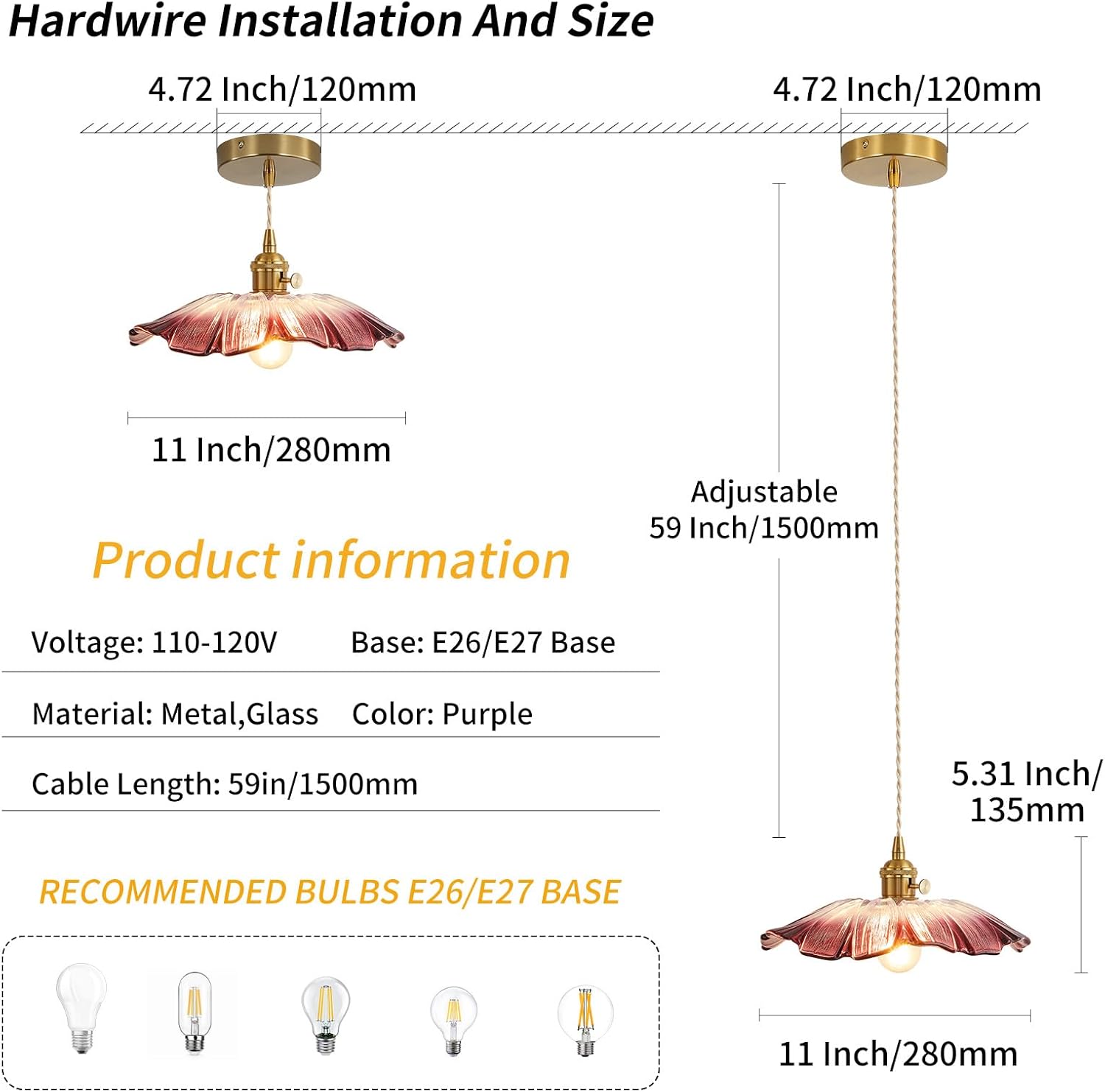 Sunflower pendant light purple hanging light glass bedroom light