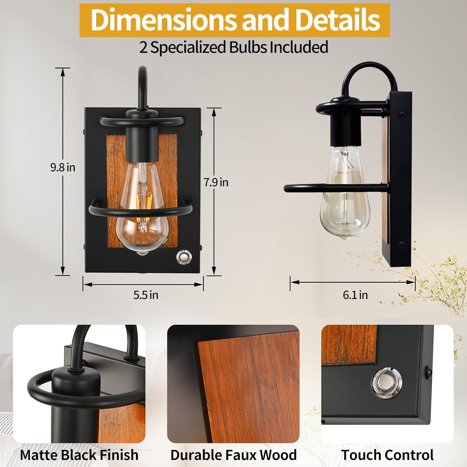 Set of 2 wall light black hallway light metal, faux wood bedroom light