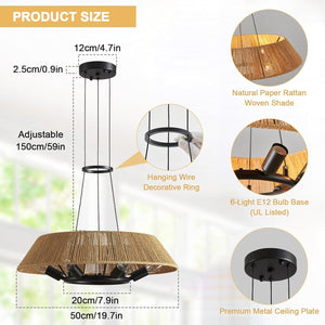 6-light dining room light brown chandelier light rattan pendant light