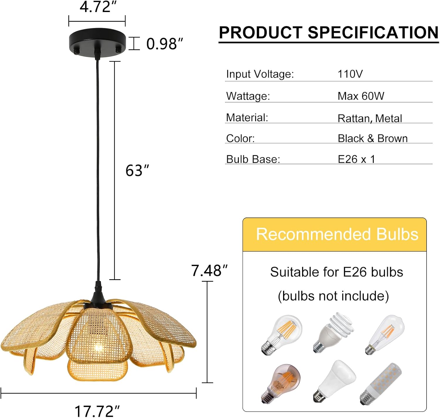 17 inch hand woven light rattan pendant light metal vintage light