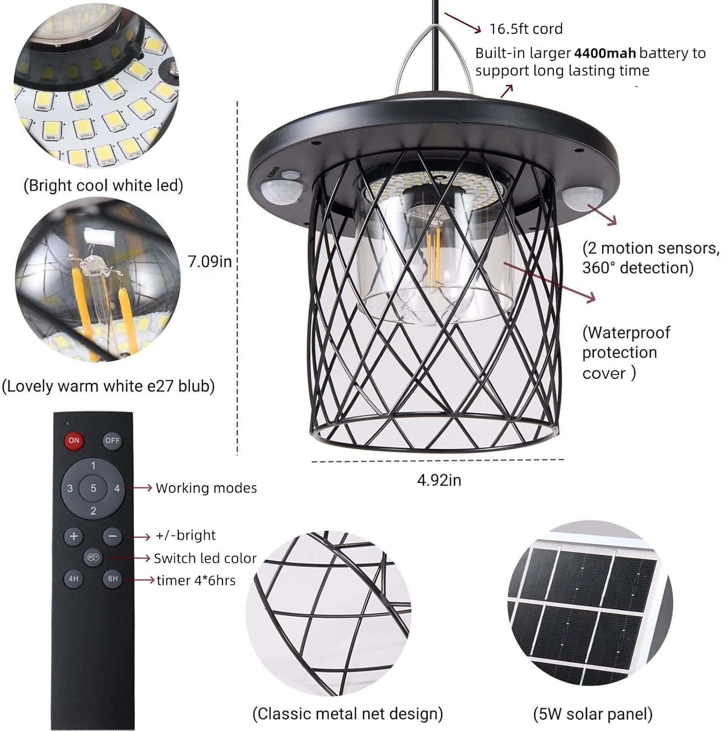 Led solar lights black pendant lamp ‎plastic, metal Patio light