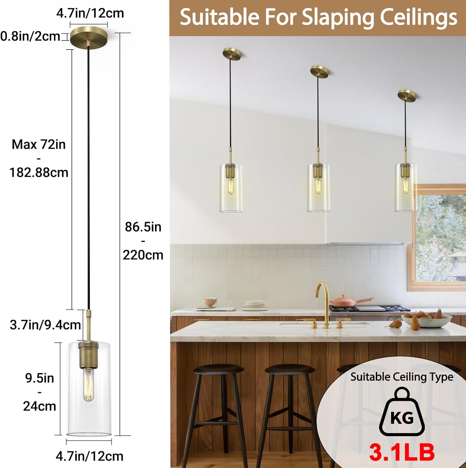 Modern pendant light brass island sink light brass glass hallway light