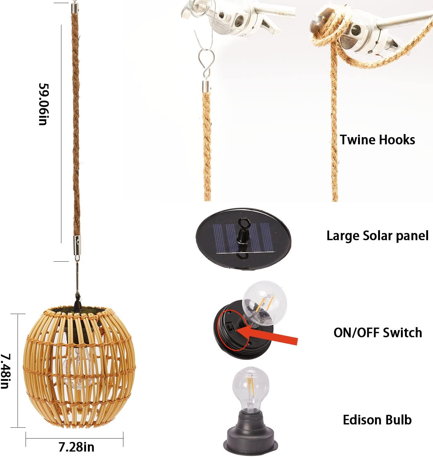 Waterproof solar lantern natural hanging light rattan patio light