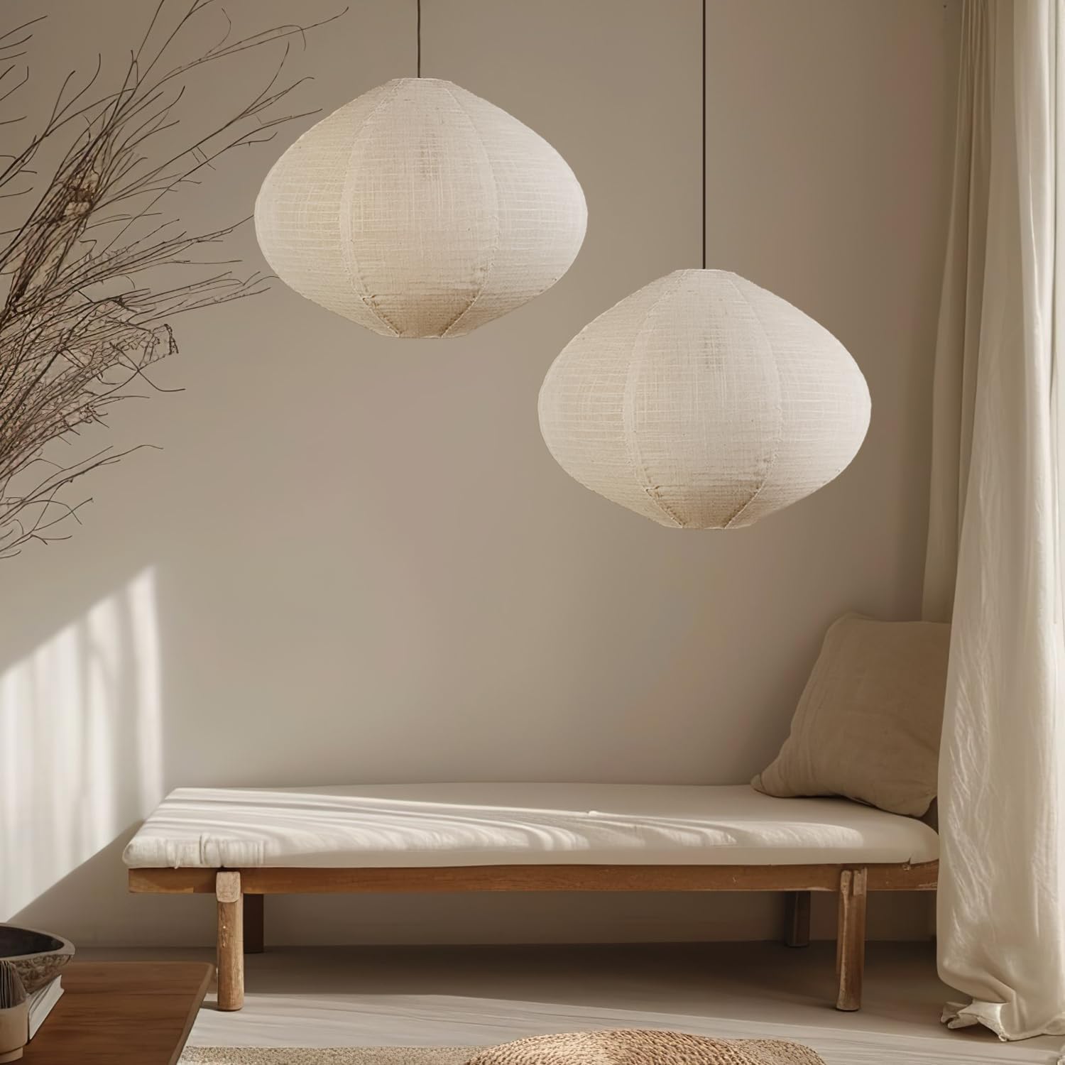 2 Pack handmade pendant light beige bedroom light cotton linen blend hanging lantern