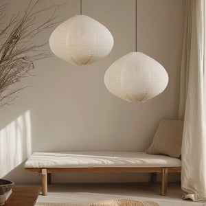 2 Pack handmade pendant light beige bedroom light cotton linen blend hanging lantern