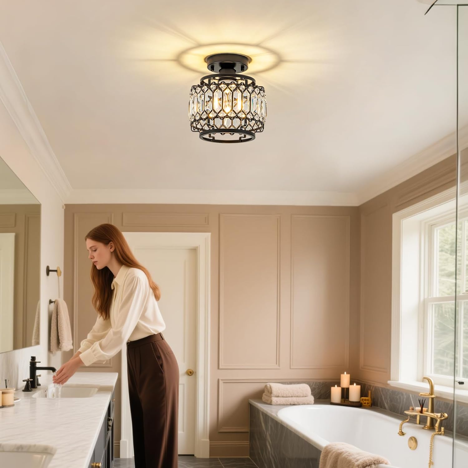 Led chandelier light black+clear entryway light glass, metal ceiling light