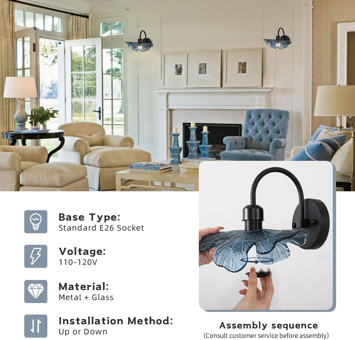 1-light vanity light blue bedroom light glass, metal wall light