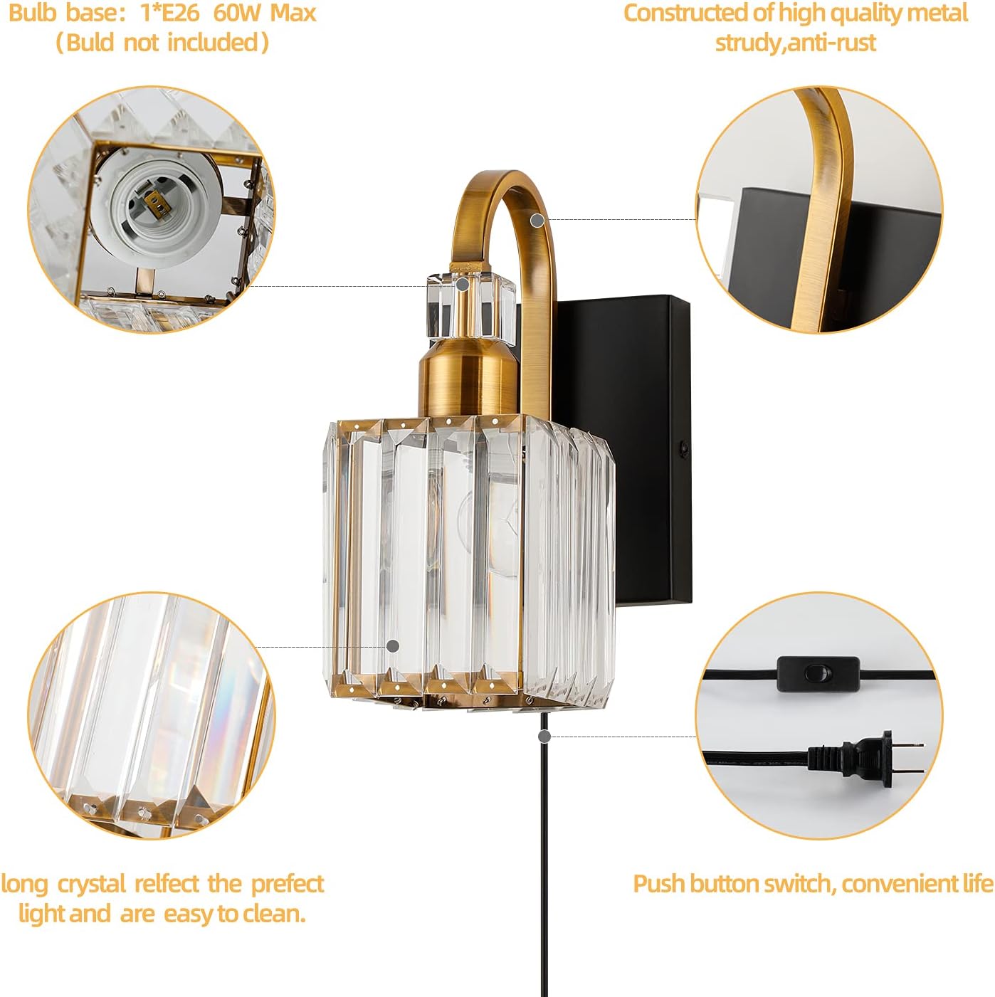 Plug in hallway light gold+black wall light metal bathroom light