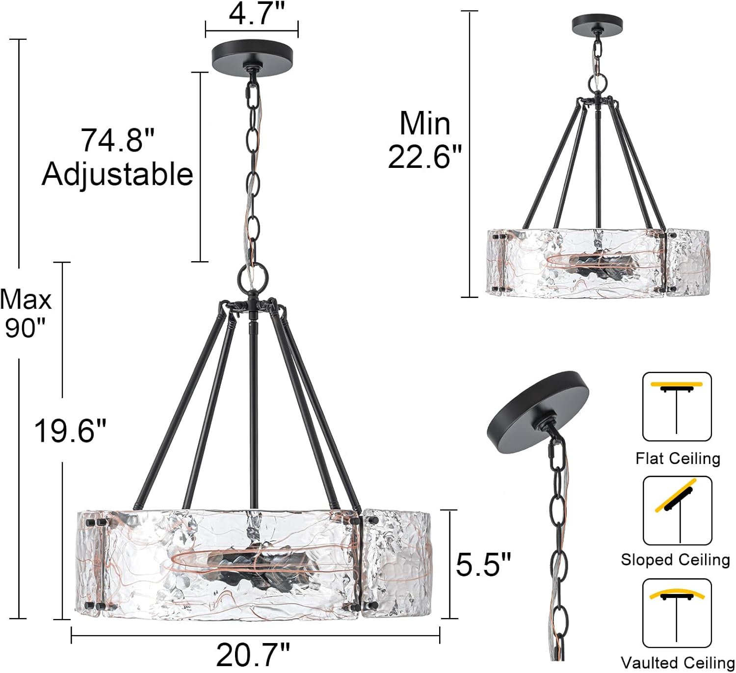 20.7 inch modern pendant light matte black dining room light glass, metal entryway light