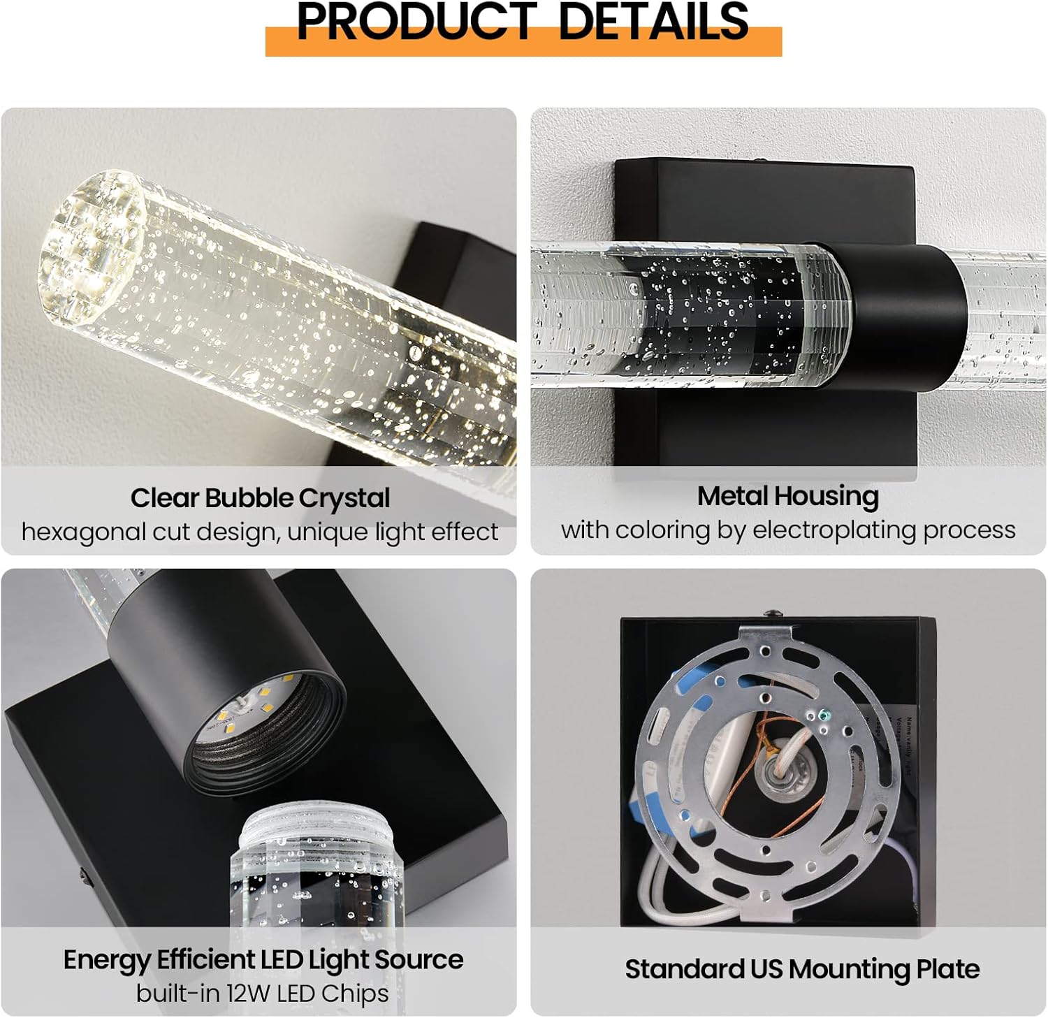 Led vanity light black wall light metal, crystal kitchen light
