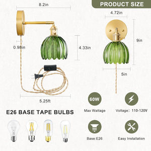 Set of 2 flower light green vintage light glass, metal wall light