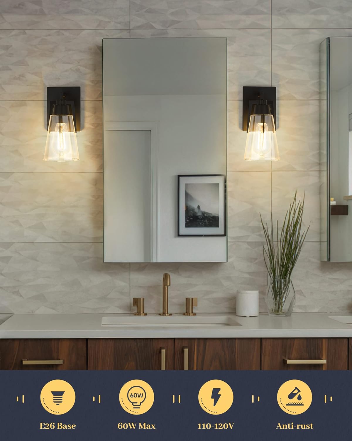 1-light vanity light black bathroom light glass, metal wall light