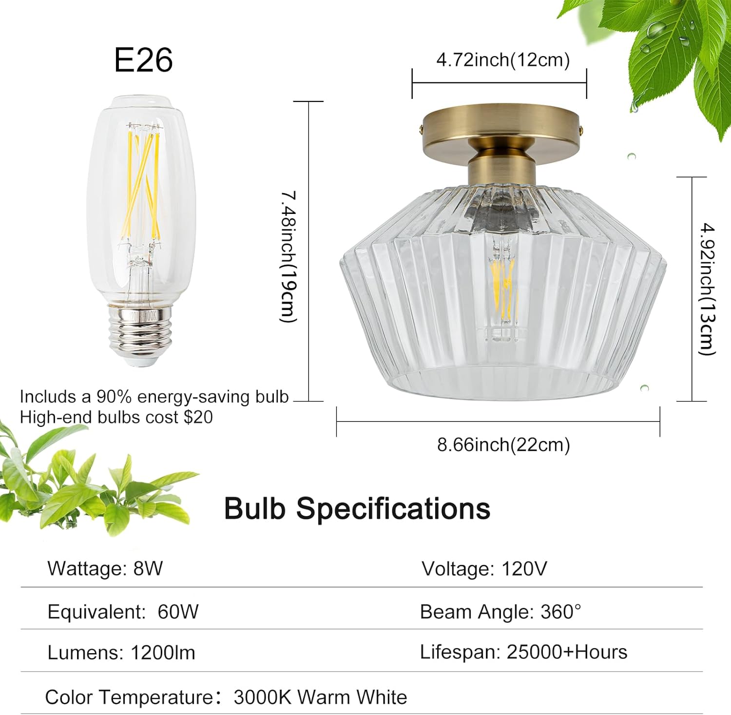 Led ceiling light brass+clear fixture light glass, metal hallway light